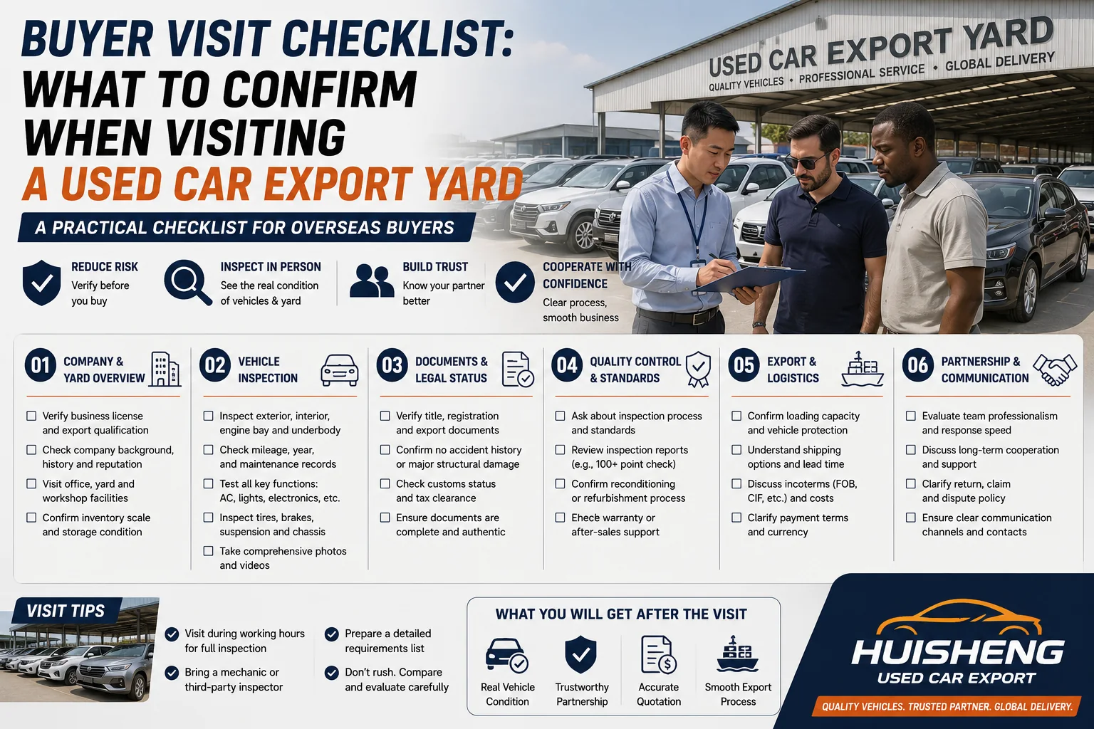 Buyer visit checklist for inspecting a used car export yard, vehicles, documents and loading capability