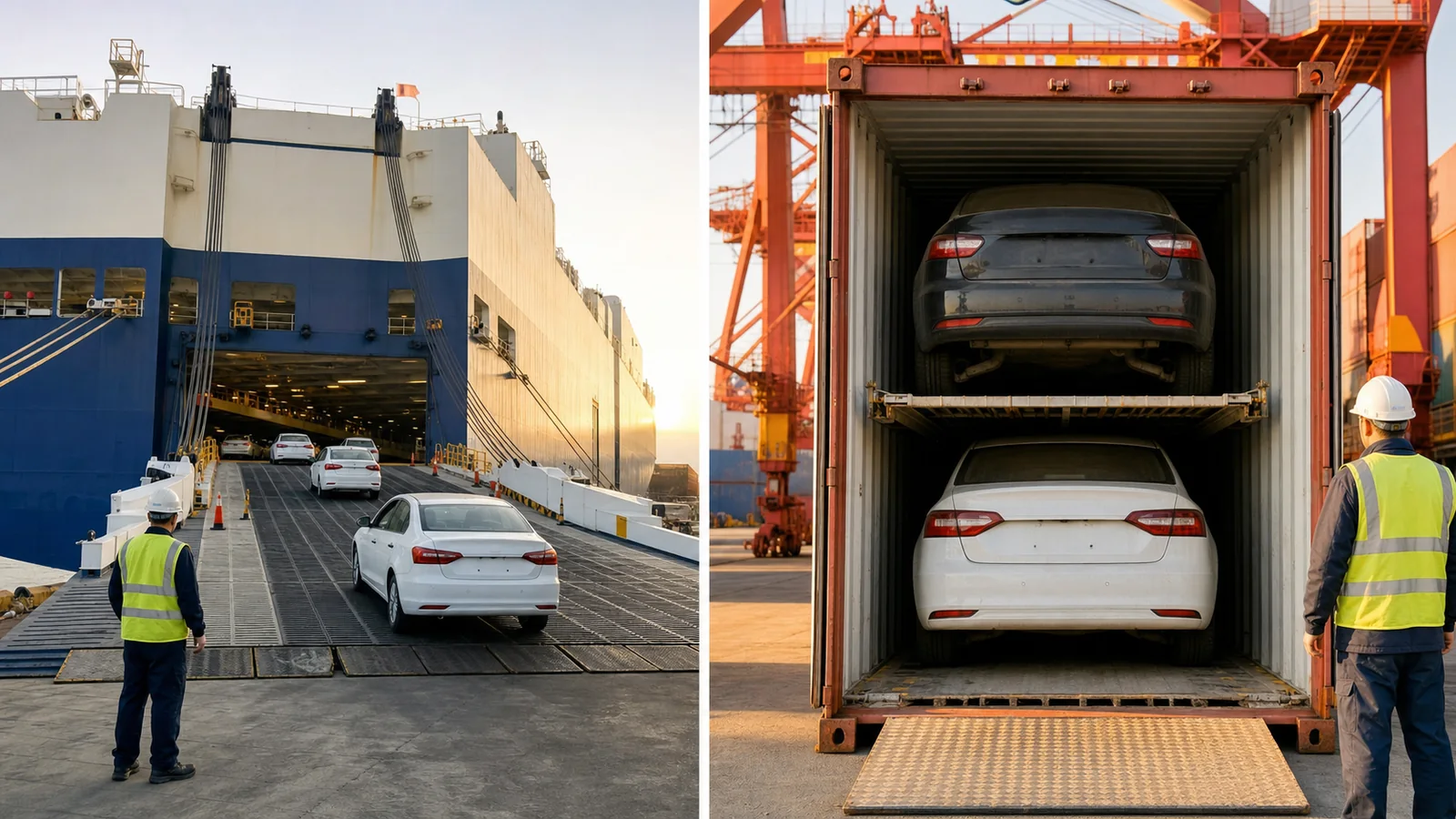 Used cars being loaded by RoRo vessel and shipping container at a China export port