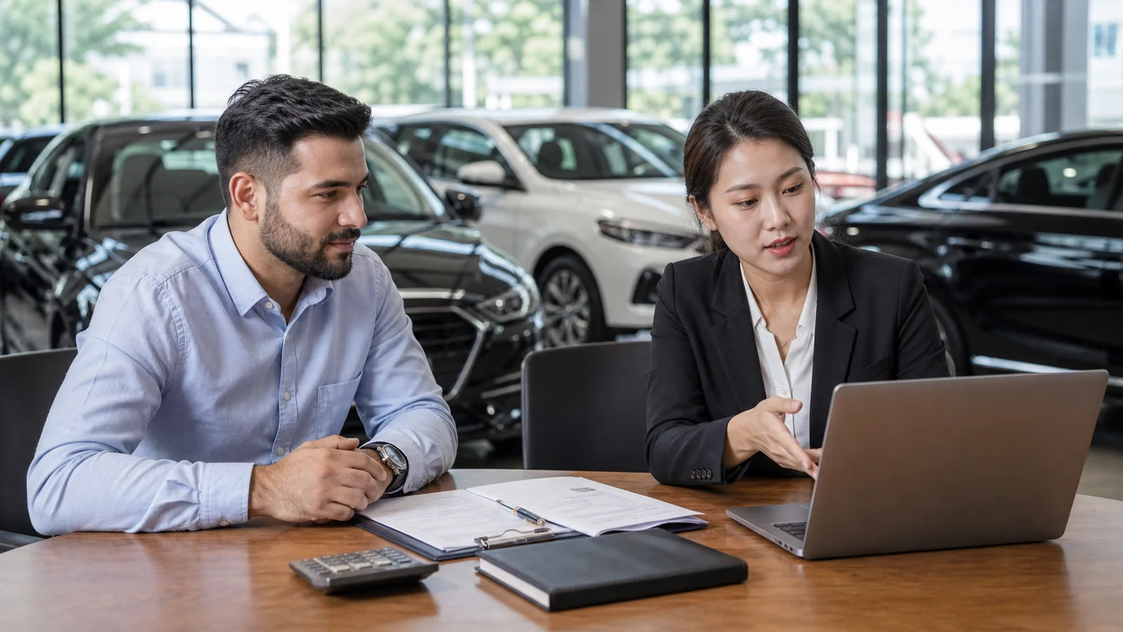 Overseas used car buyer and export specialist verifying company documents and payment details in a vehicle showroom